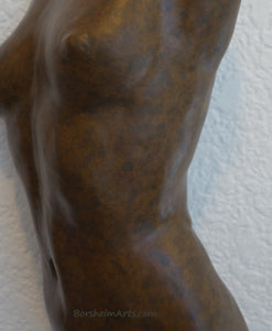 Detail of the bronze torso so that you may see the soft granite-like subtle texture in the patina.  This is the silvery-bronze choice of colors.