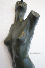 Laden Sie das Bild in den Galerie-Viewer, another point of view of the detail of the body of a woman who is reaching up and looking upwards.  this is the dark green patina choice. art by Kelly Borsheim
