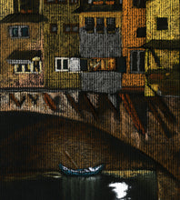 Cargar imagen en el visor de la galería, Detail of this Tuscany landmark bridge the Ponte Vecchio over the Arno River at night.  See the texture of the black paper with the pastels creating a lined texture that is so beautiful.  art print by Kelly Borsheim
