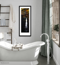Laden Sie das Bild in den Galerie-Viewer, print of pastel drawing on black paper of the famous Ponte Vecchio in Florence, Italy, night drawing of bridge over river looks great in this modern bathroom with elegant bathtub and natural light.
