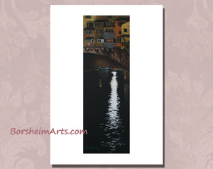 Your prints of the old bridge with street light reflected in the Arno River of Florence Italy comes with white border for easy handling and framing fine art prints