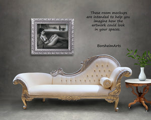 Alternate frame idea; Classical nude art looks great over a romantic fainting couch.  Elegant home decor by artist Kelly Borsheim