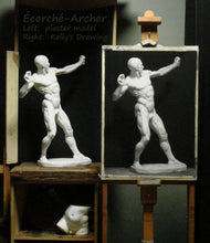 Carica l&#39;immagine nel visualizzatore di Gallery, This image shows the sight-size drawing method of lining up the model with the artist&#39;s easel so that both align horizontally.  the archer Écorché seen from the point of view 2 meters distant that the artist used to judge her marks on the paper.
