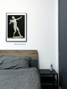 small print available of this classically trained art drawing in charcoal of an archer ecorche.  Black and white drawing that soothes in the bedroom home decor art