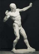 Load image into Gallery viewer, Écorché The Archer Drawing of a Sculpture, may be difficult to see in the photo, but there is a dark shadow of the male figure landing on the already dark background. really pushing the limits of a charcoal and (black) pastel origingal drawing.
