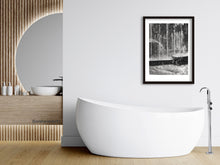 Load image into Gallery viewer, print of charcoal drawing of public water fountain in Milano, Italia, shown here framed in an elegant, modern bathroom with large bathtub
