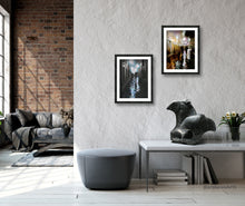 Charger l&#39;image dans la galerie, Framed prints of couples walking in the rain on the cobblestone streets of Firenze, Italia (Florence, Italy) shown here hung framed at different heights, stone sculpture Encouter sitting on the coffee table below in a lovely loft apartment
