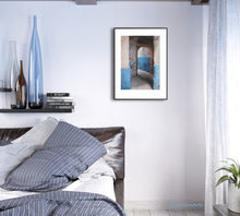 Cargar imagen en el visor de la galería, The blue and white walls in this bike and foot path in Essaouira Morocco lends soothing restful colors to this blue bedroom scene.  Fine art prints available of the original sold drawing art
