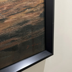 Detail of actual black beveled frame, Museum Glass, and the artist's Kelly Borsheim's signature on the pastel painting Fiesole Still Life for sale.