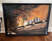 Cargar imagen en el visor de la galería, Detail of actual black beveled frame, Museum Glass, and the artist&#39;s Kelly Borsheim&#39;s signature on the pastel painting Fiesole Still Life for sale.

