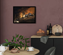 Load image into Gallery viewer, Here this Tuscan hearth still life pastel painting looks perfect in a kitchen with burgundy walls, and Italian wines on the counter.  Breakfast table for two completes this charming scene with original art framed.
