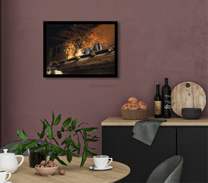 Here this Tuscan hearth still life pastel painting looks perfect in a kitchen with burgundy walls, and Italian wines on the counter.  Breakfast table for two completes this charming scene with original art framed.