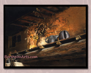 Pastel painting of Tuscan hearth near Florence looks great with a simple black frame.  Spacers separate the pastel artwork on paper from the non-reflective glass eliminates the need for a mat.  Art by Kelly Borsheim