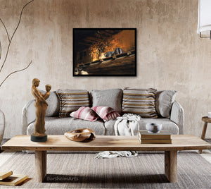 The warm oranges and golds of Tuscany create a cozy living room as wall art.  Sculpture Together and Alone by the same artist Kelly Borsheim is shown on the wooden coffee table.  Buy original art!