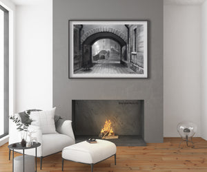 sample frame with mat in a living room with fireplace Charcoal drawing with some pastel:  A ghostly figure in the traditional Venetian black hat and cape, called the 'Tabarro' in Italian, approaches the Ponte Canal [canal bridge] in Venezia (Venice, Italy)
