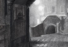 Load image into Gallery viewer, detail of original charcoal drawing of ghost man in tabarro as he approached the Venetian canal in fog
