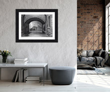 Cargar imagen en el visor de la galería, sample frame with mat in a room Charcoal drawing with some pastel:  A ghostly figure in the traditional Venetian black hat and cape, called the &#39;Tabarro&#39; in Italian, approaches the Ponte Canal [canal bridge] in Venezia (Venice, Italy)
