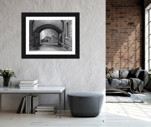 sample frame with mat in a room Charcoal drawing with some pastel:  A ghostly figure in the traditional Venetian black hat and cape, called the 'Tabarro' in Italian, approaches the Ponte Canal [canal bridge] in Venezia (Venice, Italy)