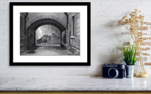 Cargar imagen en el visor de la galería, Prints available in a variety of sizes sample frame with mat in a room Charcoal drawing with some pastel:  A ghostly figure in the traditional Venetian black hat and cape, called the &#39;Tabarro&#39; in Italian, approaches the Ponte Canal [canal bridge] in Venezia (Venice, Italy)
