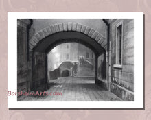 將圖片載入圖庫檢視器 sample frame with mat in a room Charcoal drawing with some pastel:  A ghostly figure in the traditional Venetian black hat and cape, called the &#39;Tabarro&#39; in Italian, approaches the Ponte Canal [canal bridge] in Venezia (Venice, Italy)
