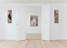Laden Sie das Bild in den Galerie-Viewer, Three lovely monochromatic paintings look great on these white walls in an entryway... stunning figure art for your enjoyment.
