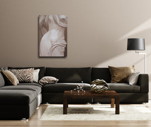 This monochromatic sepia painting in light neutral tones lightens up an otherwise dark living room 