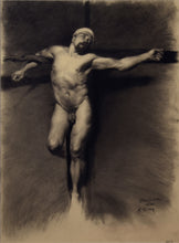 Laden Sie das Bild in den Galerie-Viewer, Muscular nude male hangs on crucifix while his eyes look to the heavens.  Charcoal figure drawing on Italian (Umbria) paper is a copy of master artist Mariano Fortuny by contemporary artist Kelly Borsheim
