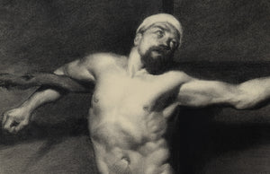detail of the man's face and chest drawing copy of late Spanish artist Mariano Fortuny, white turban or fabric wrapped around the nude man's head as his eyes look heavenwards