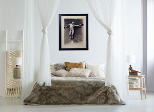 Who would not want a gorgeous muscular male nude hanging above the bed for some sweet dreams?  Artwork shown framed and hanging above a poster bed with white drapery surrounding.  Note the bronze Eric sculpture by Kelly Borsheim on the bedside table to our right.  Fortuny copy of masterwork art