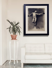 Load image into Gallery viewer, stunning male nude figure drawing in charcoal of man on crucifix.  This is a copy of a Mariano Fortuny drawing, hung on the wall in this living room home decor.
