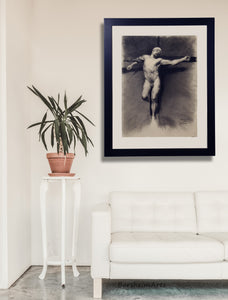 stunning male nude figure drawing in charcoal of man on crucifix.  This is a copy of a Mariano Fortuny drawing, hung on the wall in this living room home decor.