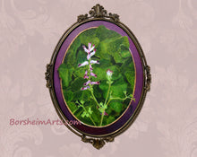 Load image into Gallery viewer, Green and purple or burgundy oval flower painting Fumaria Officinalis flower oil painting wildflower art with English ivy with metal Italian oval frame
