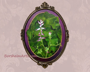 Green and purple or burgundy oval flower painting Fumaria Officinalis flower oil painting wildflower art with English ivy with metal Italian oval frame