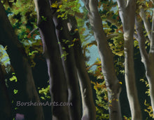 將圖片載入圖庫檢視器 Detail of the fine art pastel drawing on black lined paper shows the textures of the trees sky and leaves of fall in this Italian tree-lined street scene.
