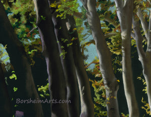 Detail of the fine art pastel drawing on black lined paper shows the textures of the trees sky and leaves of fall in this Italian tree-lined street scene.