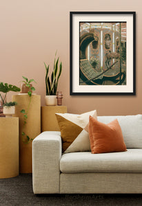 This original drawing of the carousel (La Giostra in Italian) looks great in this warm neutral colored living room. An eye-catching pastel drawing on brown paper features a moon shaped riding car and a carousel horse. living room scene