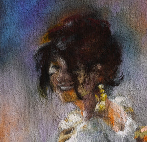 Detail of young woman's face  painted with pastels art