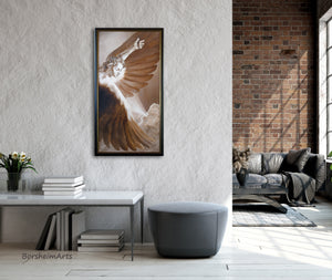 The large wall decor fine art print of the painting The Triumph of Icarus looks uplifting and inspiring in this loft apartment of greys and red brick.