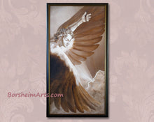 Cargar imagen en el visor de la galería, The Triumph of Icarus is a framed print of a painting that sold in 2004.  It depicts the moment when Icarus is at his highest point in Flight, above the clouds and looking down, surrounded by his wings, in a moment of pure joy and awe at his total freedom.  Just before his famous fall to his death. artwork by Kelly Borsheim
