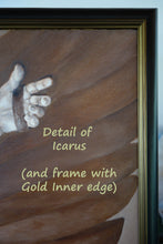 Cargar imagen en el visor de la galería, Detail showing a part of the hand of Icarus inside a handle of his makeshift wing as he flew up into the skies.  The frame is a soft black with a gold inner lining in the frame.  Work is sold ready to hang and enhance your home.

