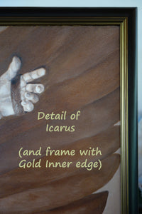 Detail showing a part of the hand of Icarus inside a handle of his makeshift wing as he flew up into the skies.  The frame is a soft black with a gold inner lining in the frame.  Work is sold ready to hang and enhance your home.