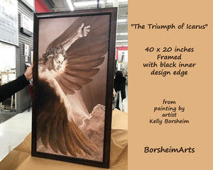 Your choice of frames for this 40 x 20 inch print of The Triumph of Icarus.  This frame has a carved pattern on the inner edge of the dark brown frame.  Elegant for your home or office inspiring decor wall art.