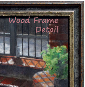 Showing the quality and colors of the wood frame around the jasmine floral painting on wood.  Golden inner lining next to a textured grey and then reddish brown outer bevels.  Traditional classical elegant frame ... really beautiful in its simplicity.