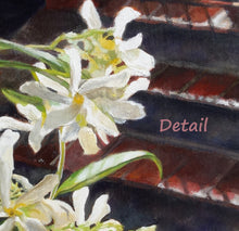 Laden Sie das Bild in den Galerie-Viewer, Detail of jasmine flowers in an oil painting about Home.  Textures show off the brush strokes in this original floral painting.
