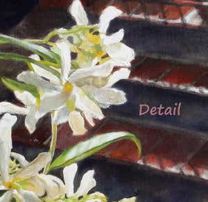 Detail of jasmine flowers in an oil painting about Home.  Textures show off the brush strokes in this original floral painting.