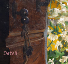 Cargar imagen en el visor de la galería, Detail of the pair of keys hanging from inside the front door lock.  You may see the palette knife texture of the old wooden door, as well as some of the jasmine flowers just outside in this original oil painting of flowers and home... a sense of security.
