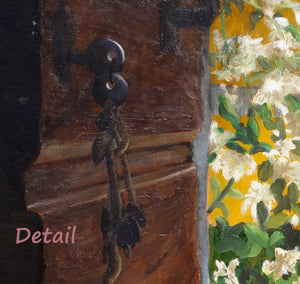 Detail of the pair of keys hanging from inside the front door lock.  You may see the palette knife texture of the old wooden door, as well as some of the jasmine flowers just outside in this original oil painting of flowers and home... a sense of security.