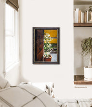 Laden Sie das Bild in den Galerie-Viewer, Lovely painting of house and home, keys dangle off a string from a thick wooden front door into a Tuscan home, while a potted plant full of jasmine flowers rests on the steps outside and a broken bench is shown in the background before the golden Tuscan wall of another house.
