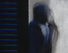 Load image into Gallery viewer, detail of minimalist figure drawing, pastel on Firenze paper, blues, white, and purple on black paper, detail of man&#39;s profile in silhouette
