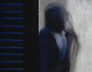 detail of minimalist figure drawing, pastel on Firenze paper, blues, white, and purple on black paper, detail of man's profile in silhouette